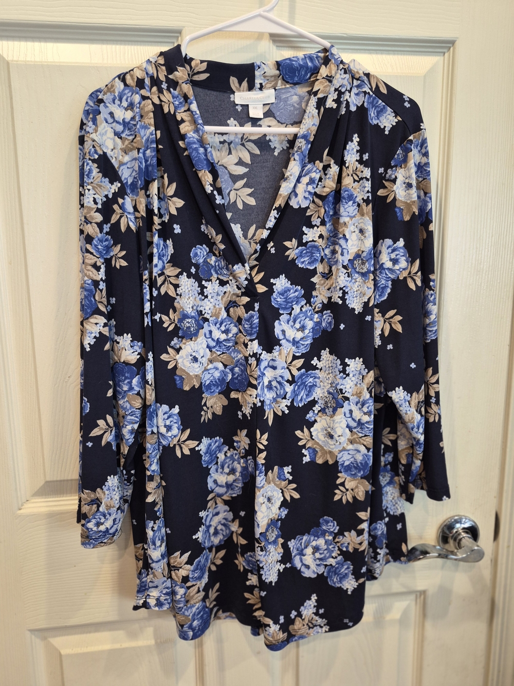 Charter Club Navy Blue Floral V-Neck Long Sleeve Blouse